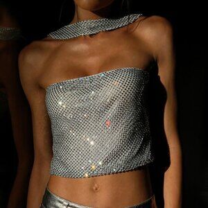 NWT Meshki Agnes Diamante Mesh Halter Top - Silver